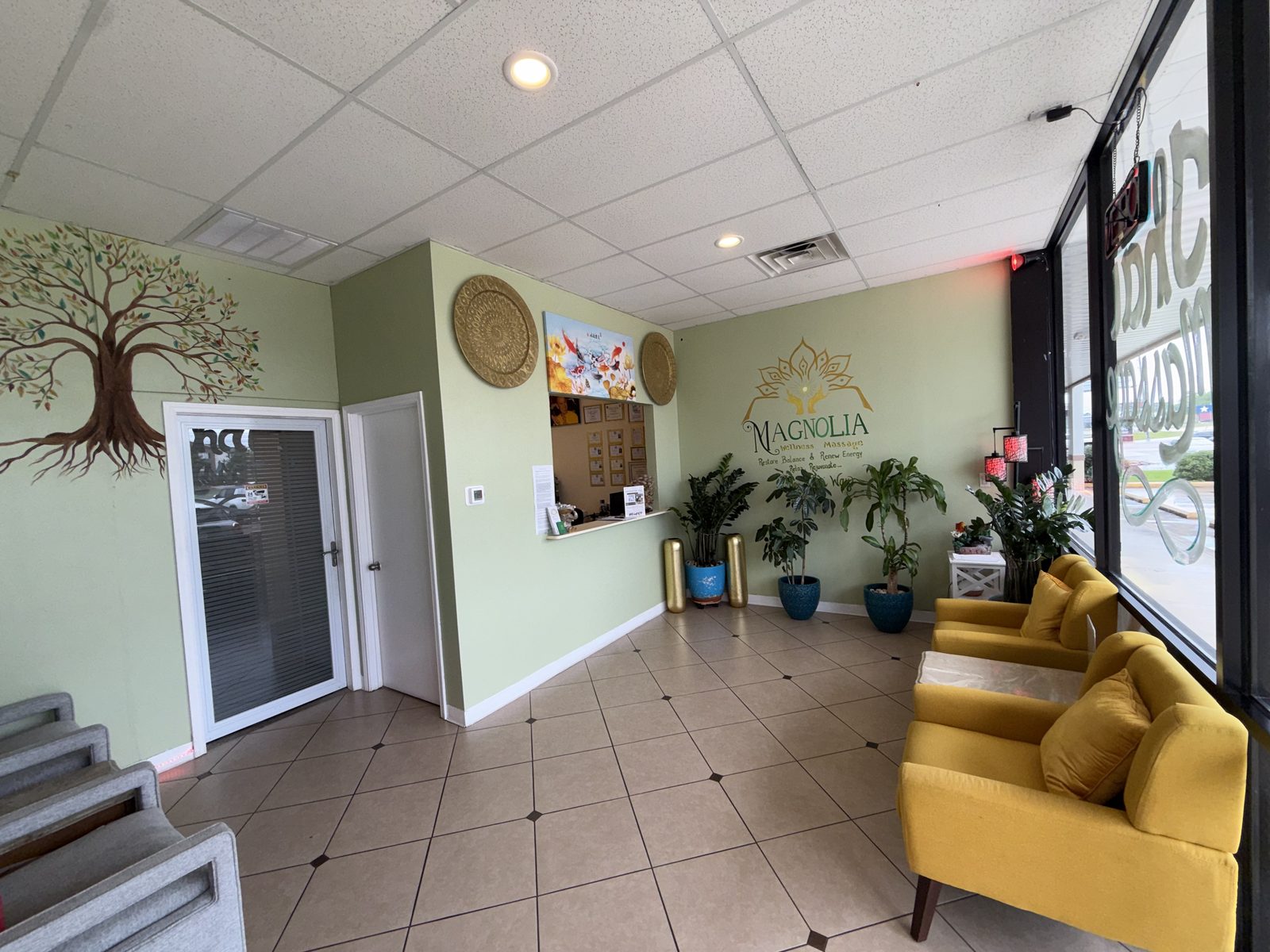 Front lobby and seating area inside Magnolia Wellness Massage in Magnolia, TX